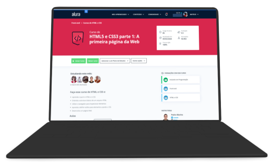 Notebook com o alura aberto e formacao de html e css aberto